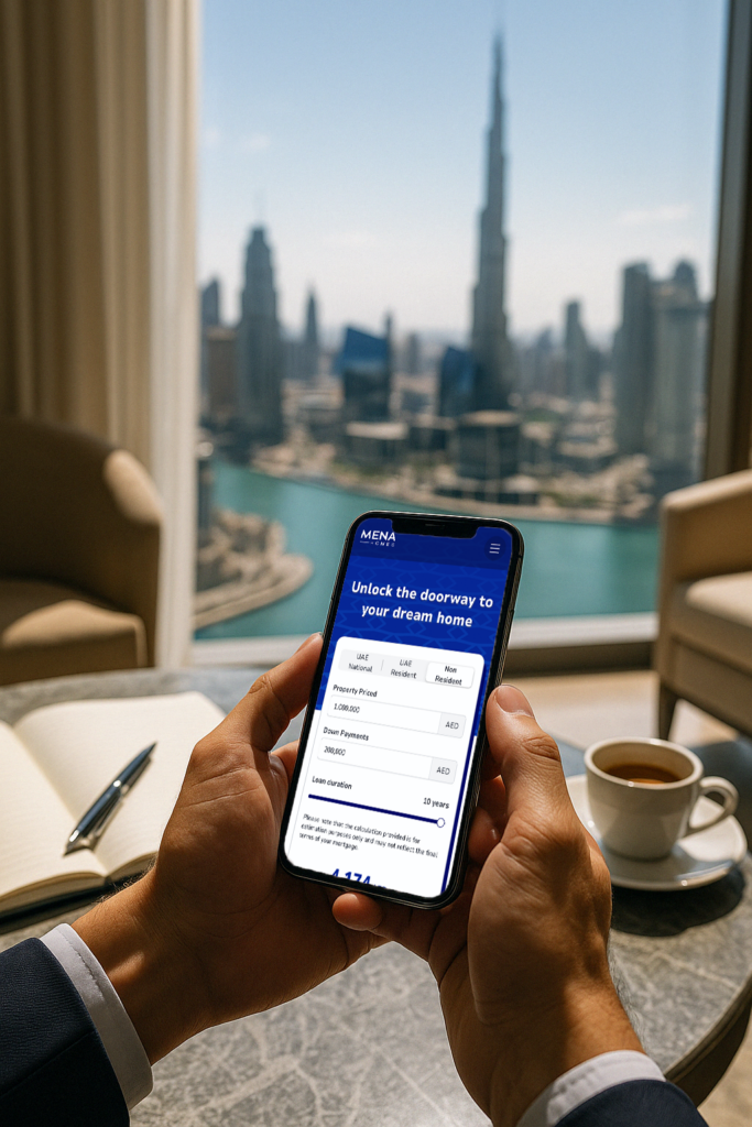 Hands in a navy suit holding a smartphone with the Mena&nbsp;Homes Mortgage Calculator app open; Burj&nbsp;Khalifa and Dubai skyline appear through a floor‑to‑ceiling window in the background.