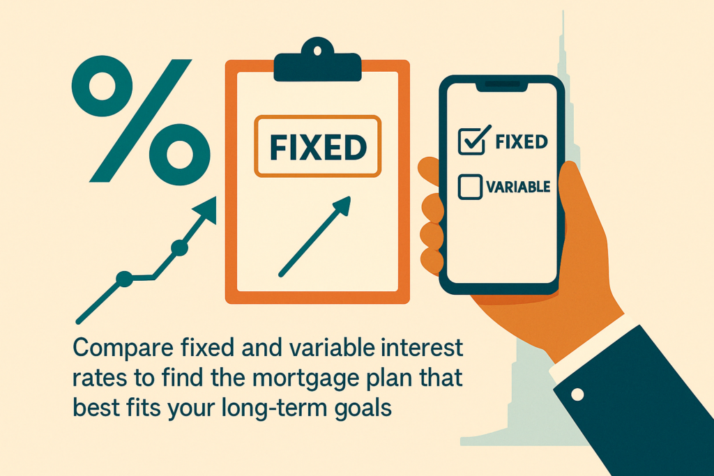 Teal and orange infographic comparing fixed vs. variable UAE mortgage interest rates with a percentage icon, clipboard, smartphone, and Burj Khalifa outline in the background.